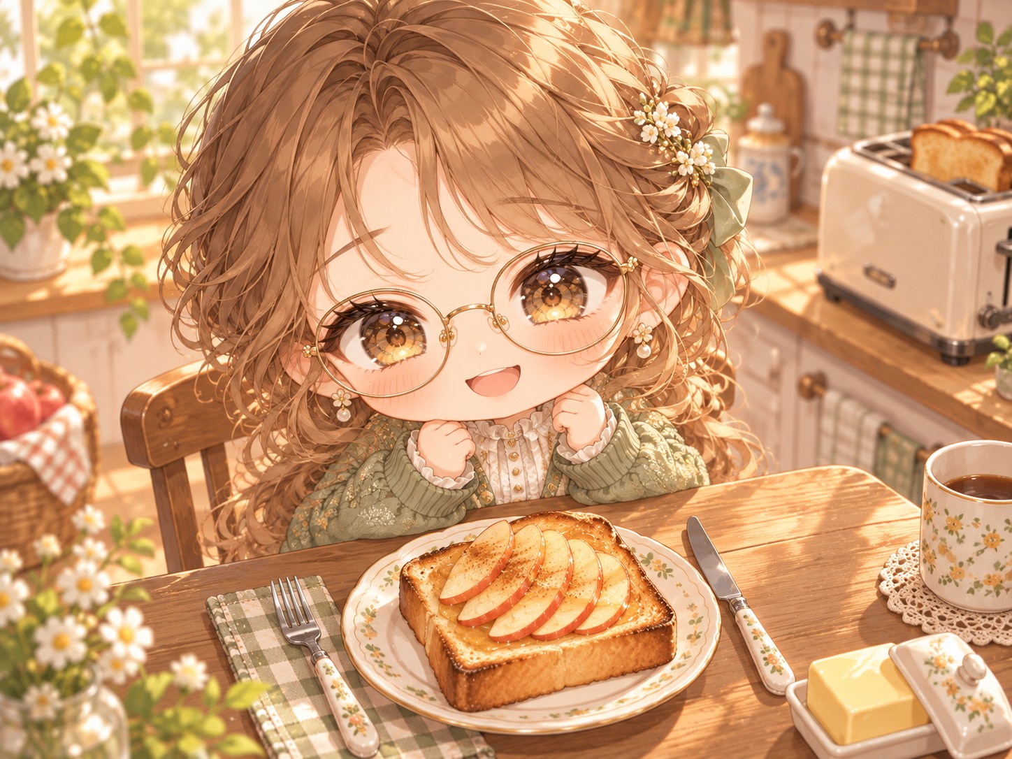 蜂蜜色のウェーブ髪と丸眼鏡のこはくが朝の食卓で、薄切りりんごを重ねた厚切りトーストを眺めている。皿の左右にフォークとナイフがあり、パンのふちに濃い焼き色が付いている。