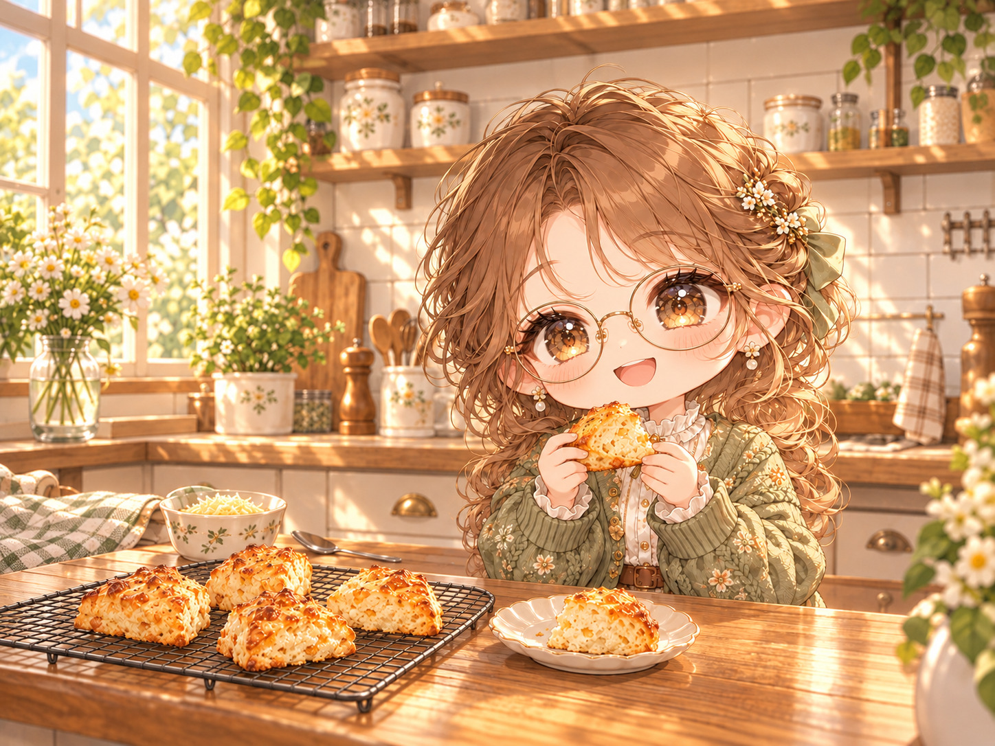 蜂蜜色のウェーブ髪と金色の丸眼鏡のこはくが、明るいキッチンで割ったチーズスコーンを両手に持っている。木のカウンターには残りの半分をのせた皿と、焼けた三角形のスコーンがのった網がある。
