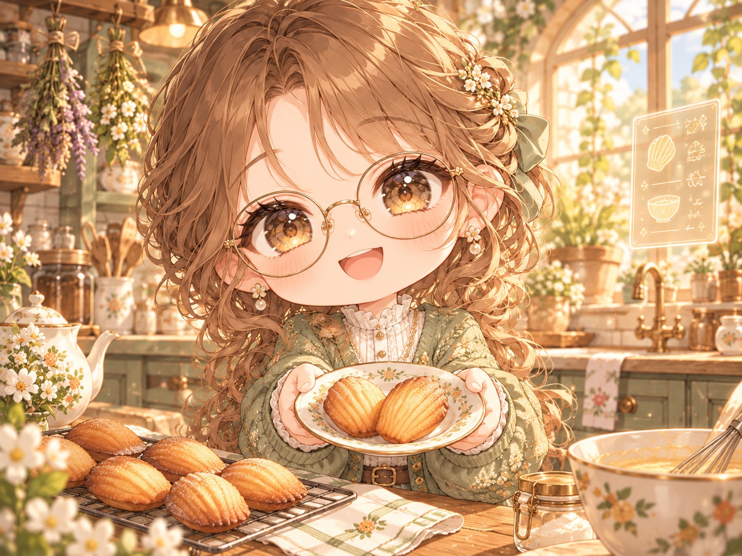 蜂蜜色のウェーブ髪と丸眼鏡のこはくが、明るいキッチンで焼きたてのマドレーヌを二つのせた皿を持っている。