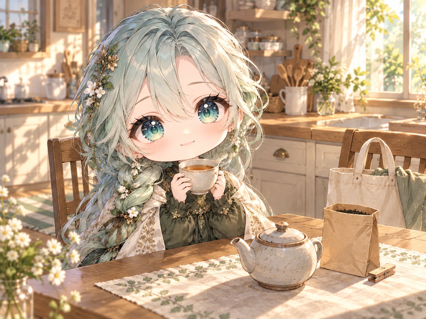 ミント銀の長い編み髪とクリーム色のショールの澪が、朝のキッチンで琥珀色のお茶が入ったカップを両手で持っている。卓上には急須と開いた茶葉の紙袋、木のクリップがあり、隣の椅子には布の買い物袋がある。
