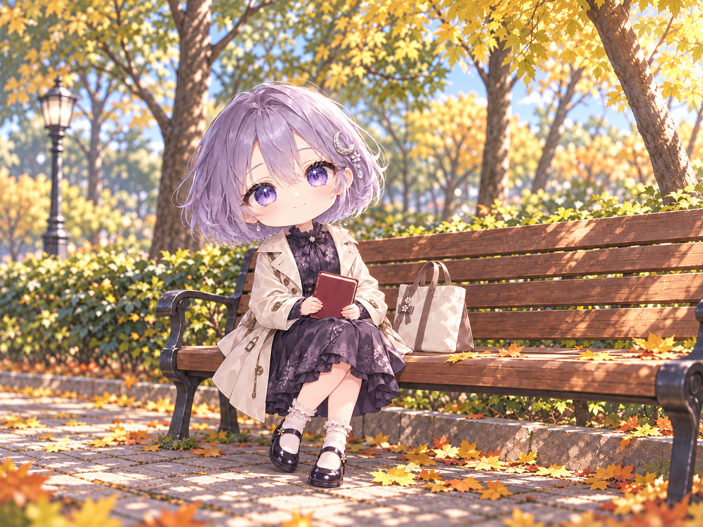 薄紫のボブと銀の三日月髪飾りのなぎが、木々のある公園のベンチに座り、読み終えた赤茶色の小さな本を両手で持っている。隣には布のバッグがあり、足元に黄色い落ち葉が散っている。