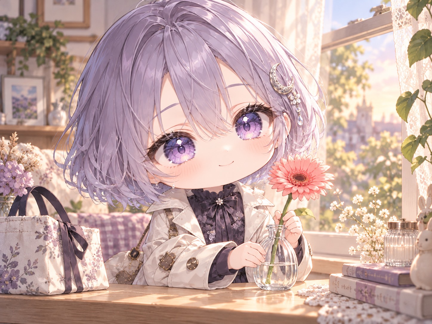 薄紫のボブと三日月の髪飾りのなぎが、窓辺で小さな透明の一輪挿しにピンクのガーベラを飾っている。