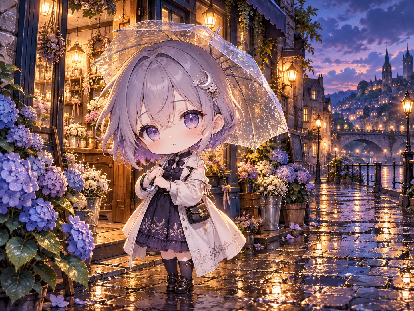 雨あがりの青い路地で、薄紫の髪と三日月の髪飾りのなぎが、透明な傘を持って花屋の紫陽花を見ている。