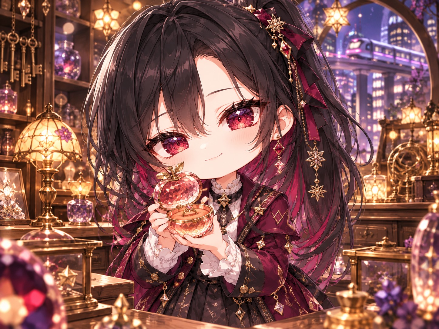 黒いポニーテールと赤紫の差し色、金の星飾りの六花が、雑貨店でふたを開いたりんご形のガラスの小物入れを持っている。