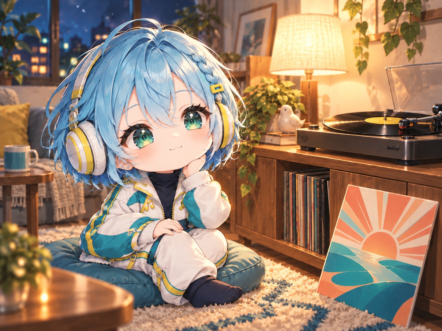 水色のボブと黄色いヘアクリップのりとが、夜の部屋でクッションに座り、白と黄色のヘッドホンでレコードを聴いている。プレーヤーの下には、オレンジの朝日と放射状の光、青緑の丘と川を描いたジャケットが立て掛けてある。
