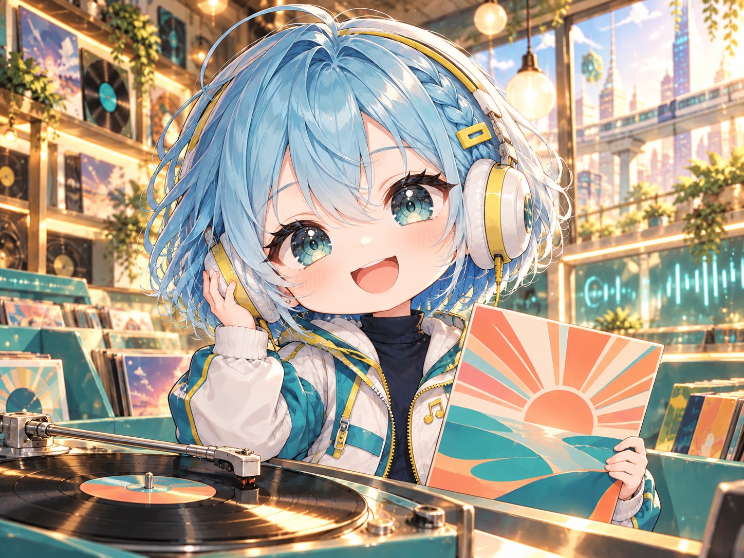 水色のボブと黄色いヘアクリップのりとが、レコード店で白と黄色のヘッドホンを着け、朝日の柄のレコードジャケットを持って試聴している。