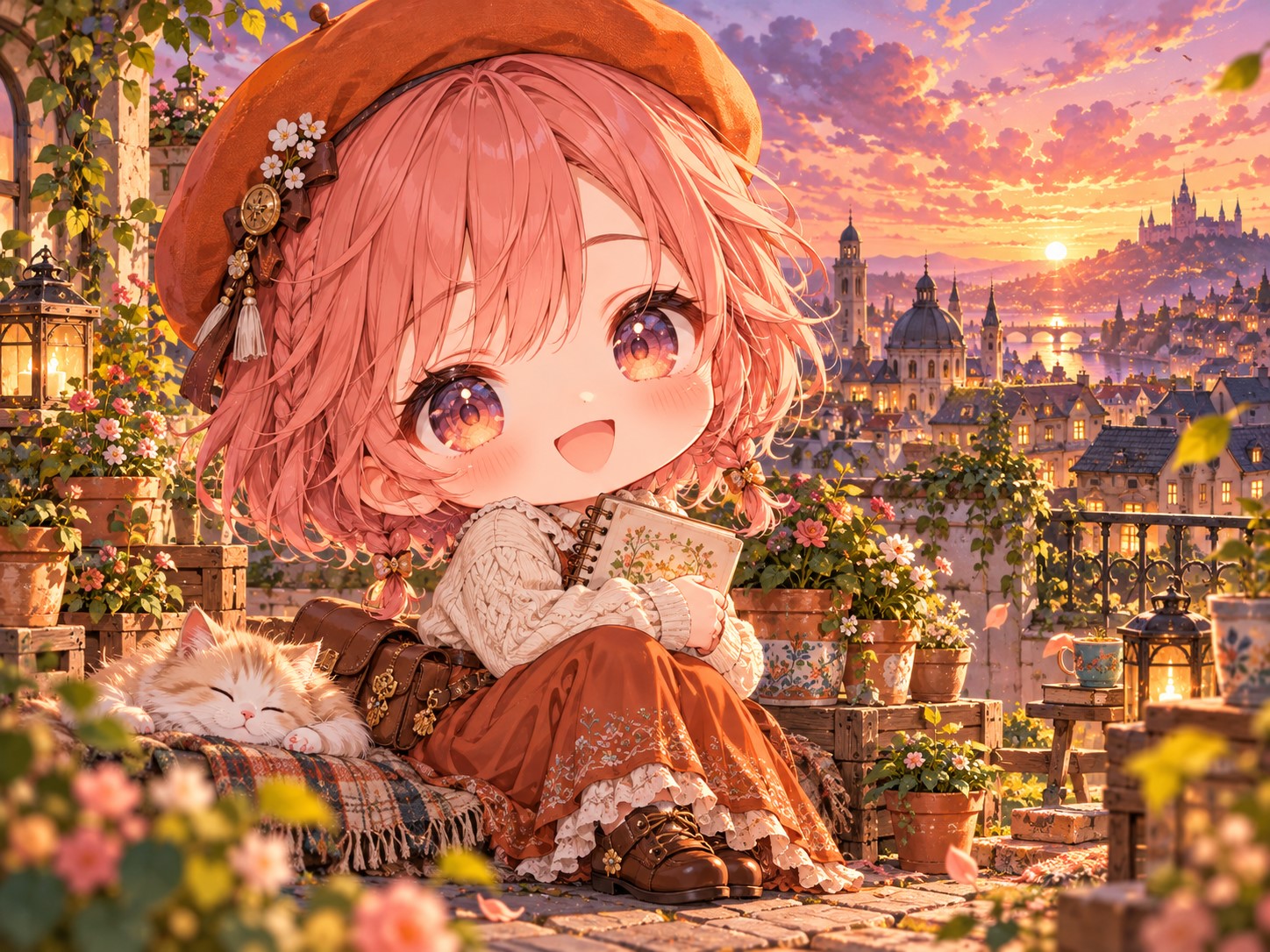 桃色と紫の夕焼けが広がる屋上庭園で、オレンジのベレー帽とクリーム色のニットのすずが、眠る猫の隣に座っている。