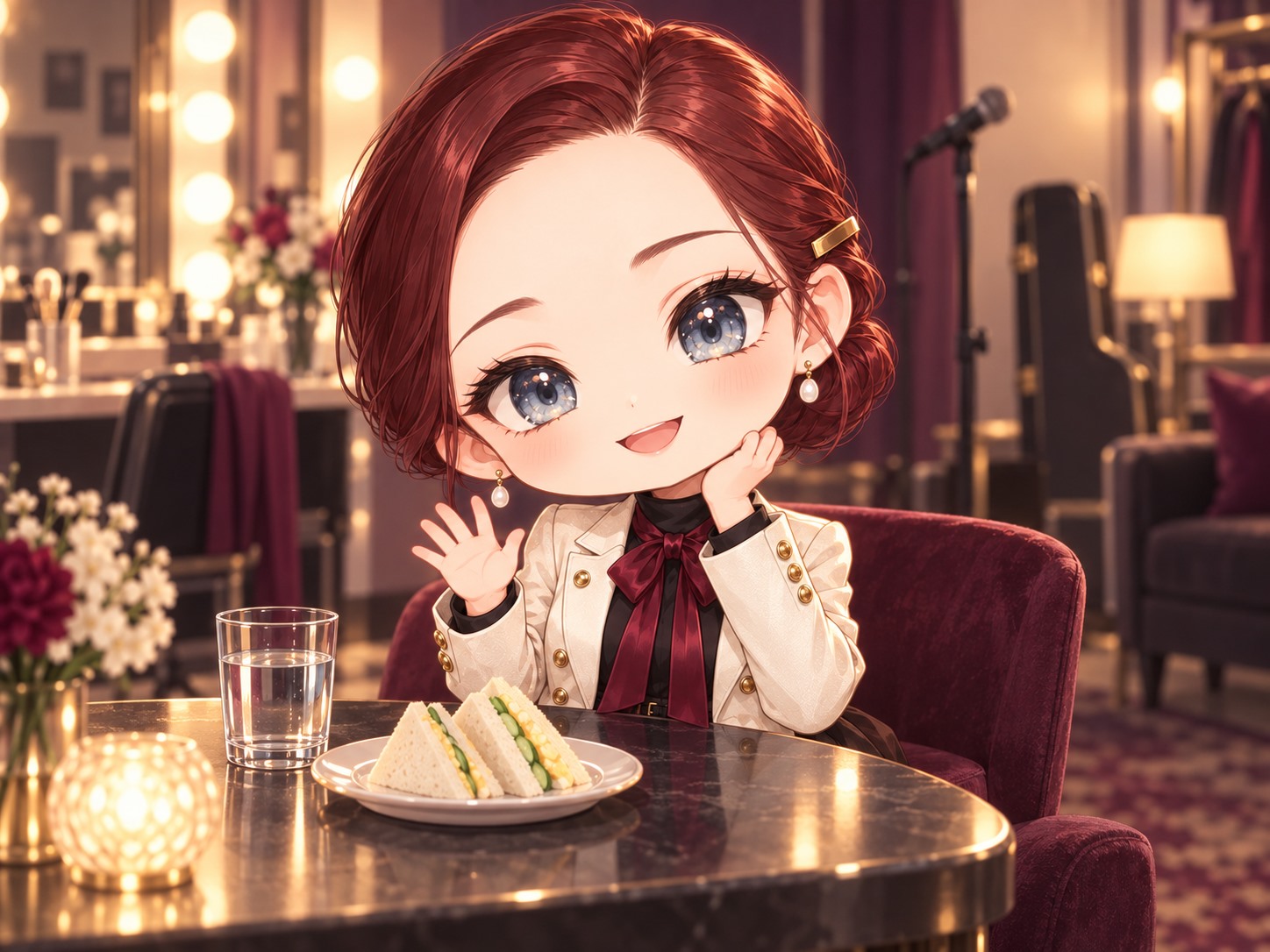 額を出した赤茶のサイドパートと低いまとめ髪のセナが、楽屋のテーブルで手を振っている。アイボリーのジャケットとえんじのリボンを着け、テーブルにはサンドイッチと水がある。