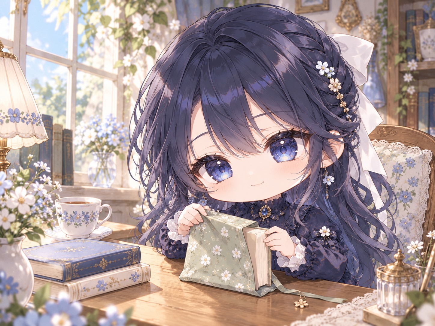 長い墨青の髪と白いリボンの栞が、窓辺の机で小花柄の布のブックカバーを文庫本にかけている。