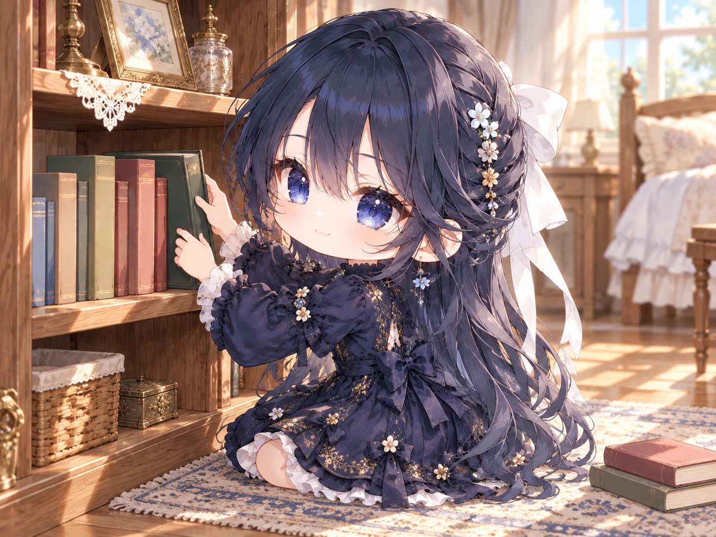 長い墨青の髪と白いリボンの栞が、朝日の入る部屋でラグに膝をつき、低い木の本棚に緑の本を並べている。棚の左には薄い青い本、床には閉じた本が二冊ある。