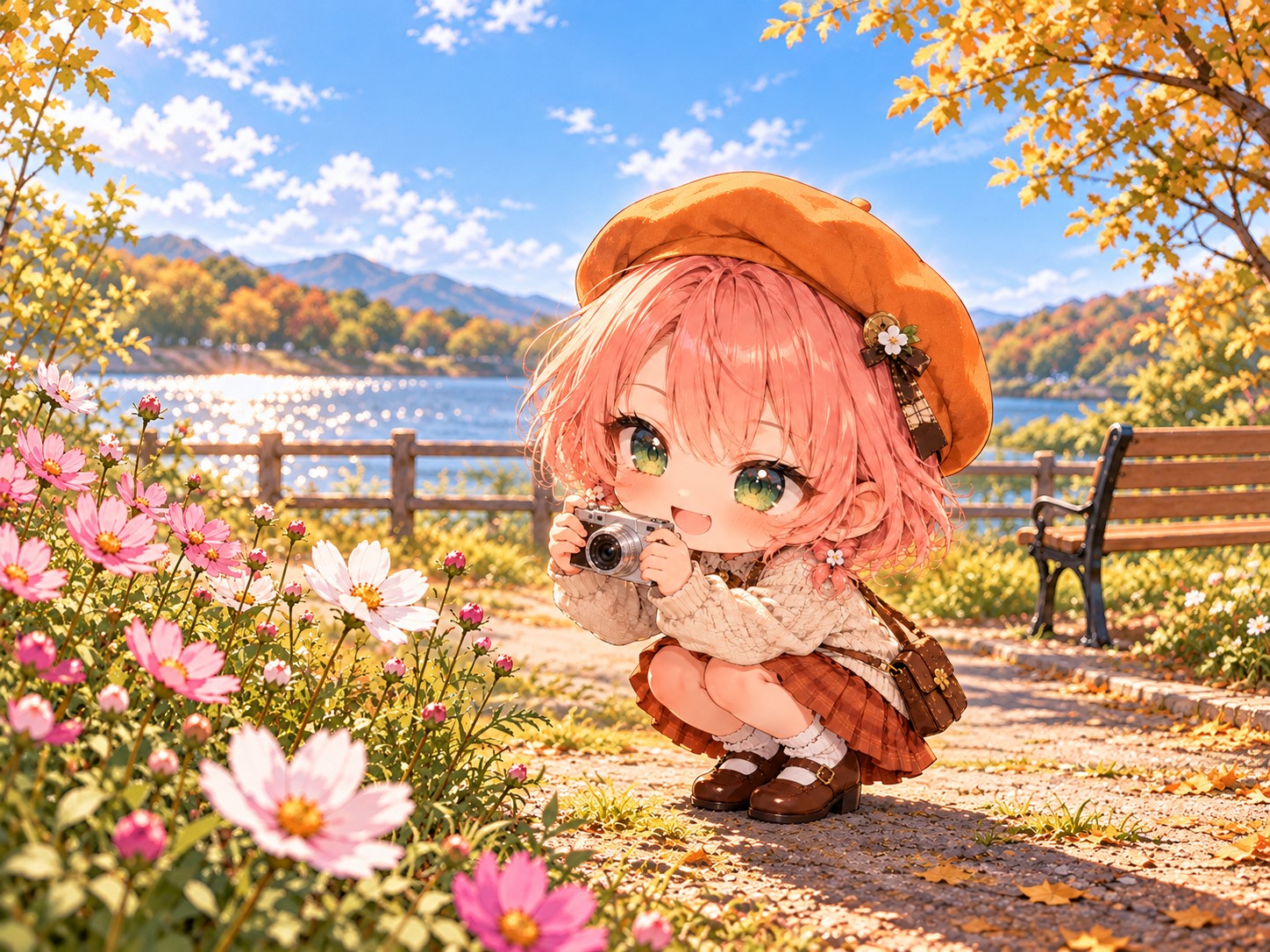 珊瑚ピンクの髪とオレンジのベレー帽のすずが、朝の川沿いの道でしゃがみ、白とピンクのコスモスを小さなカメラで撮っている。後ろには水辺の柵と空いたベンチが見える。