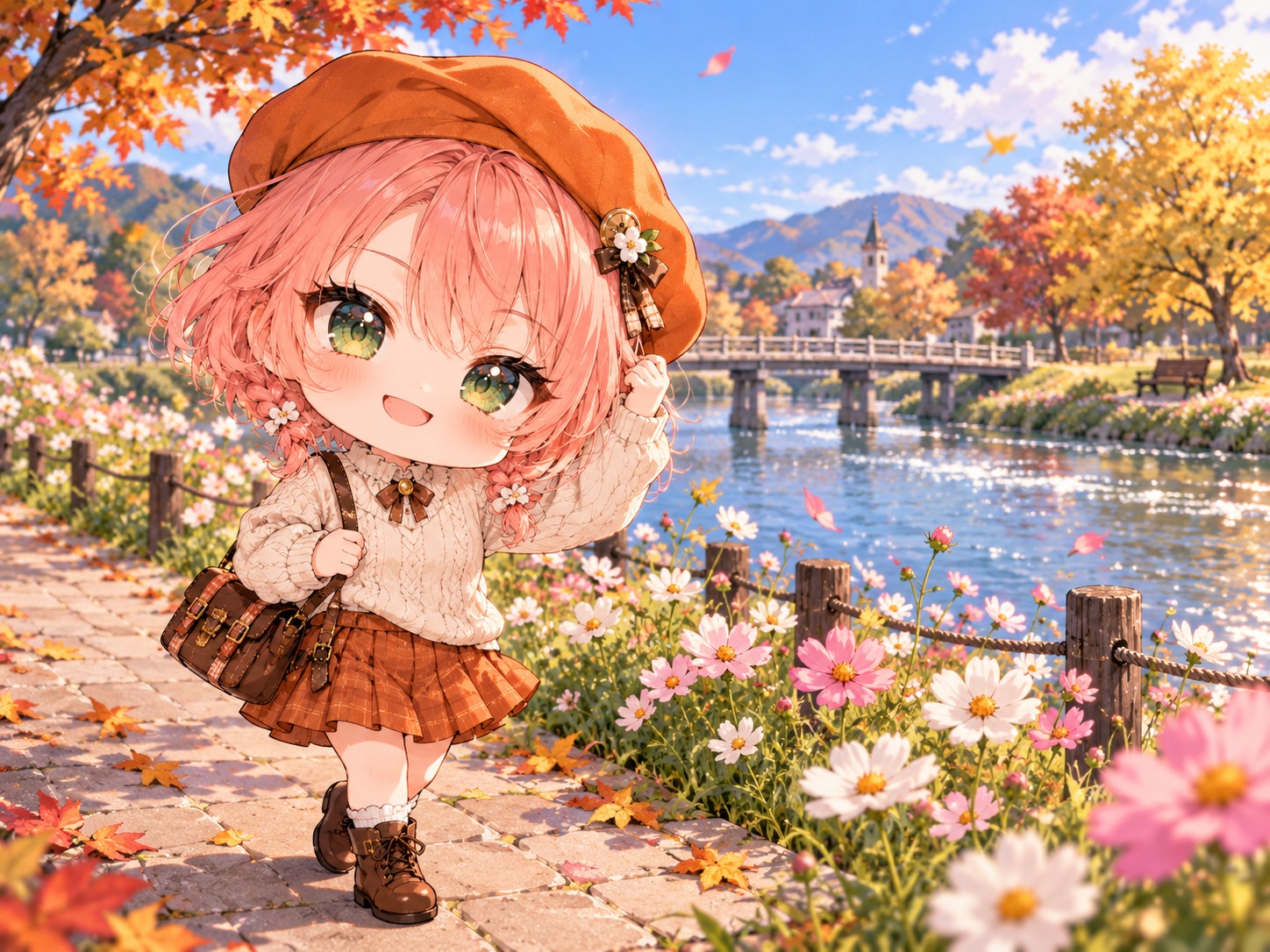 珊瑚ピンクの髪とオレンジのベレー帽のすずが、コスモスの咲く川沿いの道で帽子を押さえている。奥には小さな橋とベンチが見える。